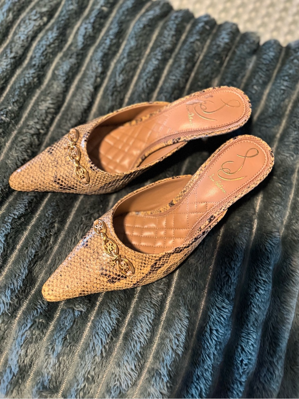 Sam Edelman Pointed Mule Slides in Tan Snake Print